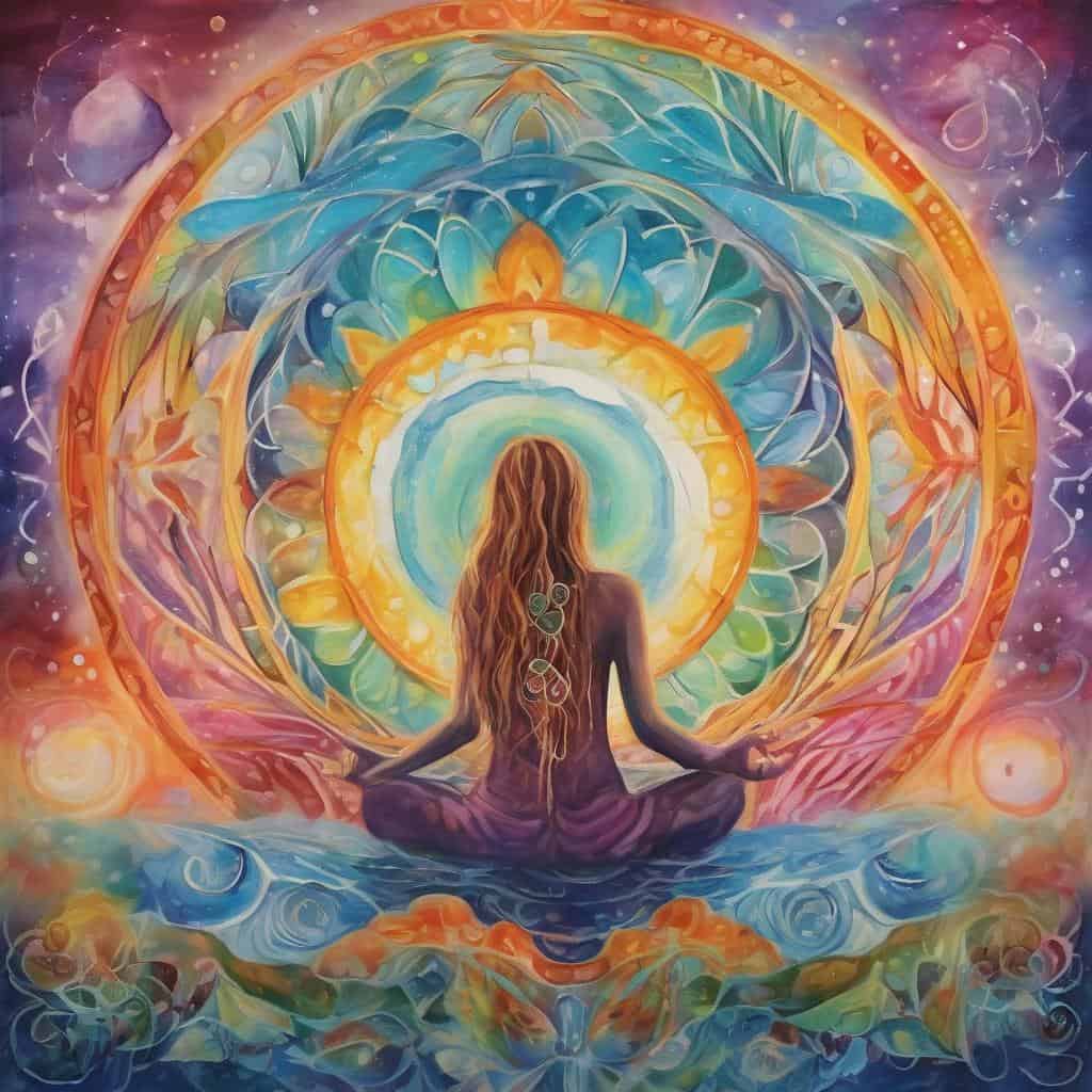 Ανθρώπινη μορφή σε διαλογισμό με πολυχρωμο φόντο μονοπάτια και ενεργειακές δυνάμεις.