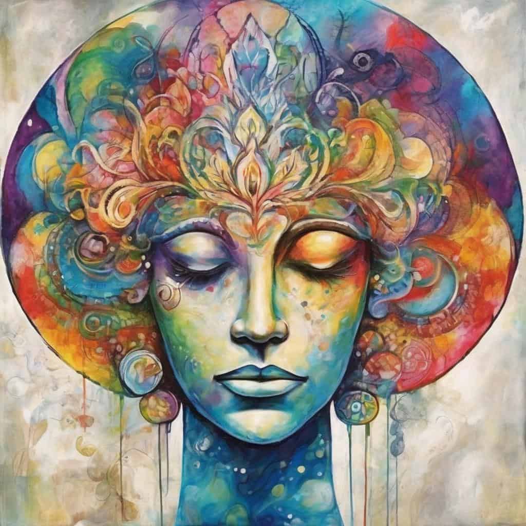 Έγχρωμο, αφηρημένο πορτρέτο γυναίκας με πολύχρωμα στοιχεία, συμβολίζοντας τις δυνατότητες της ζωής.