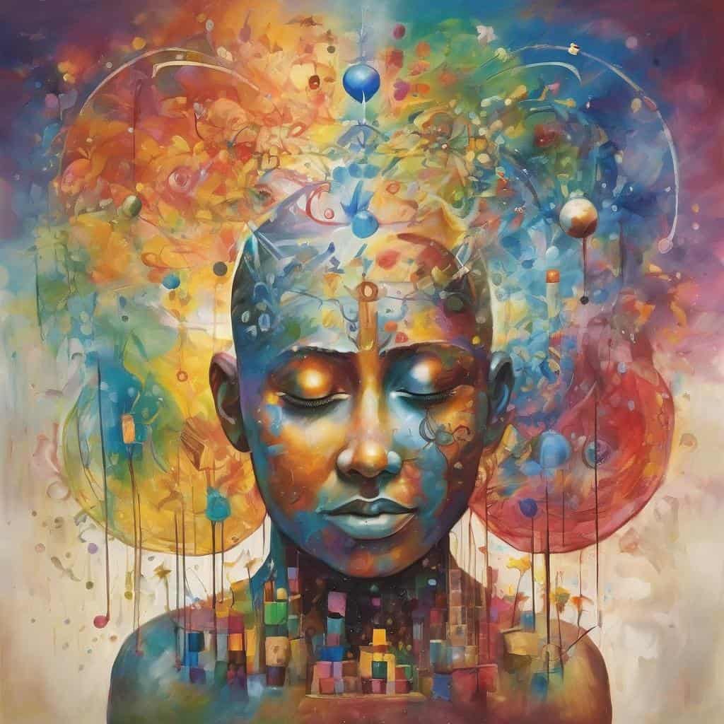 Έγχρωμο πορτραίτο με αφαιρετικά στοιχεία που συμβολίζουν την προσωπική εξέλιξη.