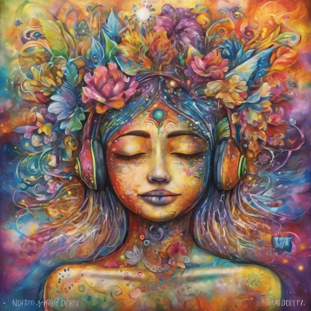 Εικονογραφημένη νεαρή γυναίκα με ακουστικά, όμορφα χρώματα, εμπνευσμένη ζωγραφική.