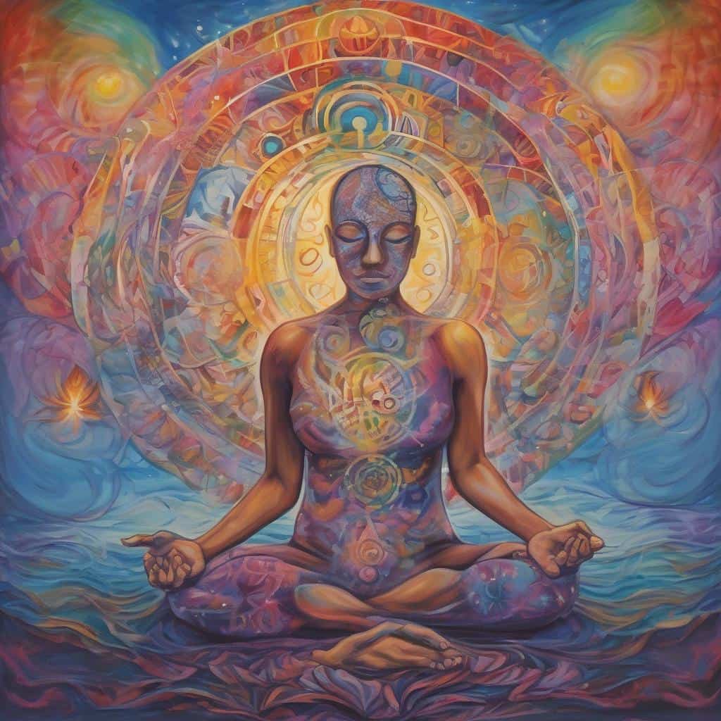 Ανθρώπινη μορφή σε διαλογισμό με απεικόνιση φώτων και σχήματος του νου και της ψυχής.