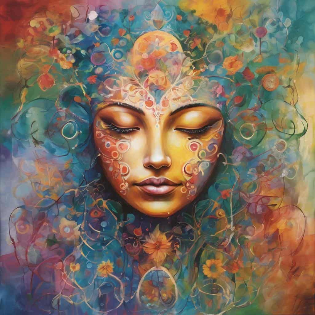 Πολύχρωμο πορτραίτο γυναίκας με αφηρημένα στοιχεία.